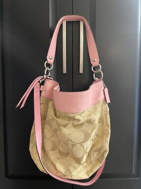 Coach Beige Signature Zoe Jacquard Hobo with Pink Leather Trim